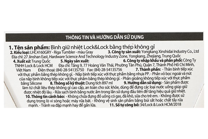 Bình giữ nhiệt inox 897 ml Lock&Lock LHC4160GRY Màu Xám