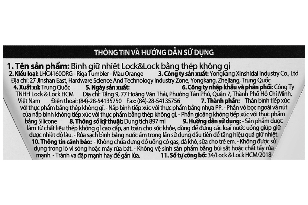 Bình giữ nhiệt inox 897 ml Lock&Lock LHC4160GRY Màu Cam