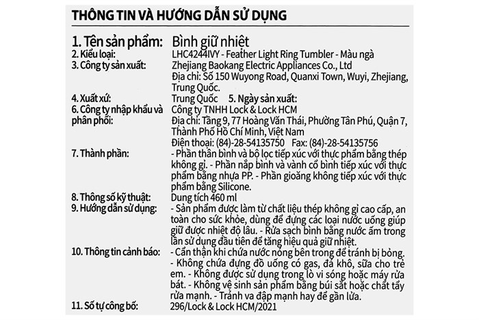 Bình giữ nhiệt inox 460 ml Lock&Lock LHC4244IVY Màu Trắng