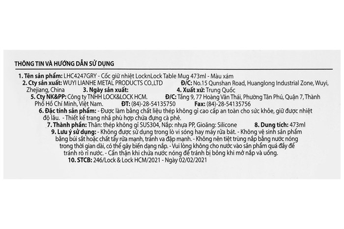 Ly giữ nhiệt inox 473 ml Lock&Lock LHC4247GRY Màu Xám