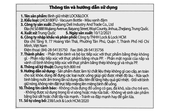 Bình giữ nhiệt inox 800 ml Lock&Lock LHC6180FU Màu Xanh Đậm