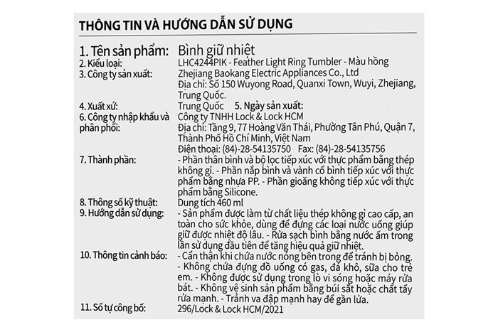 Bình giữ nhiệt inox 460 ml Lock&Lock LHC4244PIK Màu Hồng