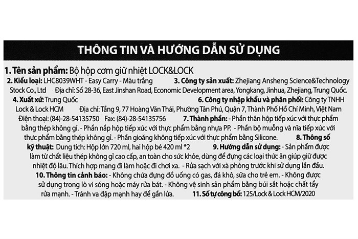 Bộ bình đựng thức ăn giữ nhiệt inox Lock&Lock LHC8039WHT Màu Trắng