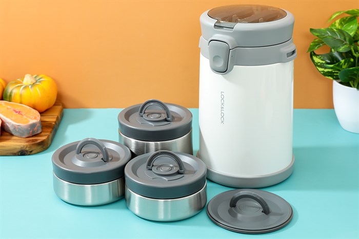 Bộ bình đựng thức ăn giữ nhiệt inox Lock&Lock LHC8039WHT Màu Trắng