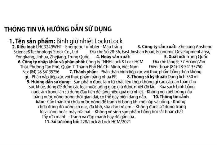 Ly giữ nhiệt inox 550 ml Lock&Lock LHC3249WHT Màu Trắng