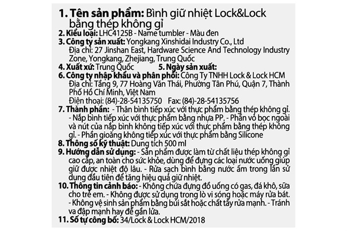 Bình giữ nhiệt inox 500 ml Lock&Lock LHC4125B Màu Đen