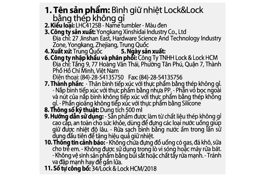 Bình giữ nhiệt inox 500 ml Lock&Lock LHC4125B Màu Đen