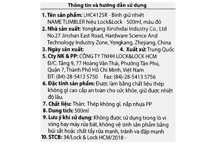 Bình giữ nhiệt inox 500 ml Lock&Lock LHC4125R Màu Đỏ