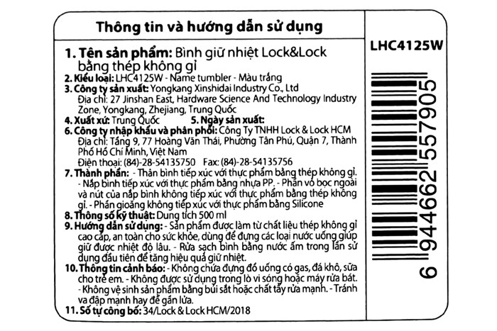 Bình giữ nhiệt inox 500 ml Lock&Lock LHC4125W Màu Trắng