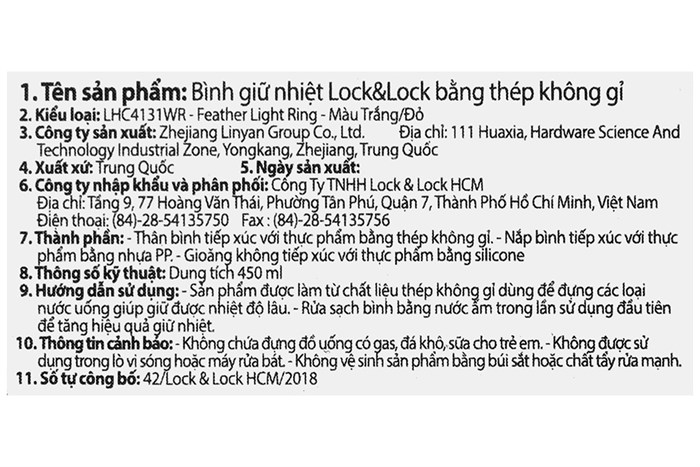 Bình giữ nhiệt inox 450 ml Lock&Lock LHC4131WR Màu Trắng - Đỏ