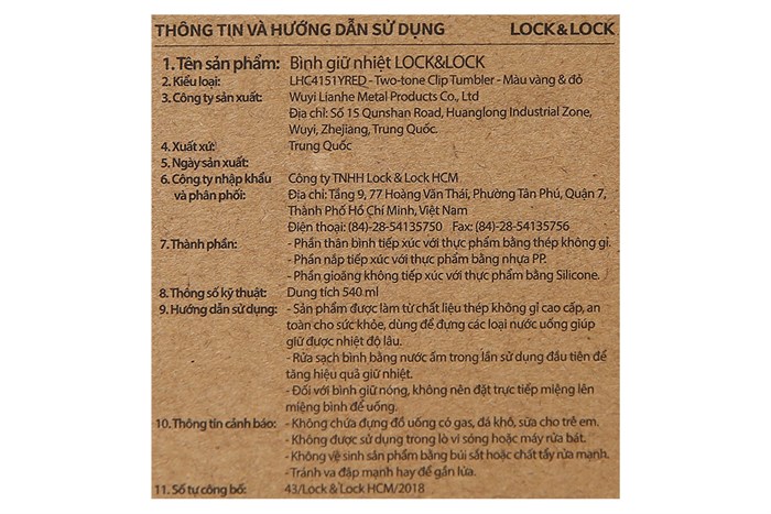 Ly giữ nhiệt inox 540 ml Lock&Lock LHC4151YRED Màu Vàng & Đỏ