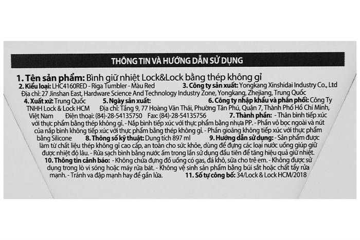 Bình giữ nhiệt inox 897 ml Lock&Lock LHC4160RED Màu Đỏ