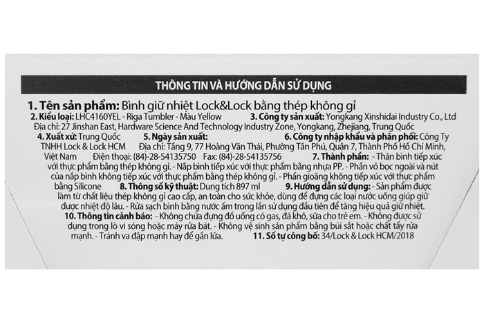 Bình giữ nhiệt inox 897 ml Lock&Lock LHC4160YEL Màu Vàng