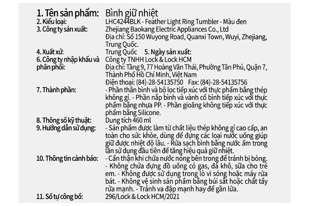 Bình giữ nhiệt inox 460 ml Lock&Lock LHC4244BLK Màu Đen