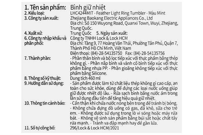 Bình giữ nhiệt inox 460 ml Lock&Lock LHC4244MIT Màu Xanh Bạc Hà