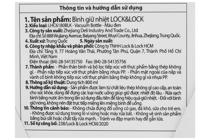 Bình giữ nhiệt inox 800 ml Lock&Lock LHC6180BLK Màu Đen