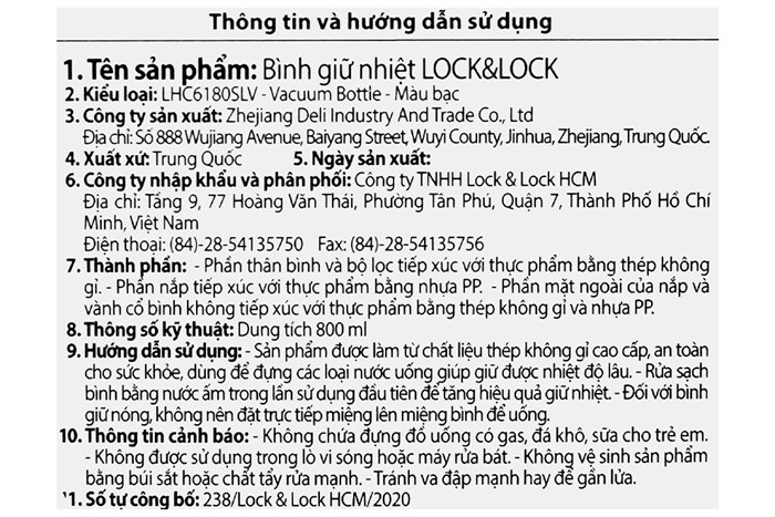 Bình giữ nhiệt inox 800 ml Lock&Lock LHC6180SLV Màu Bạc