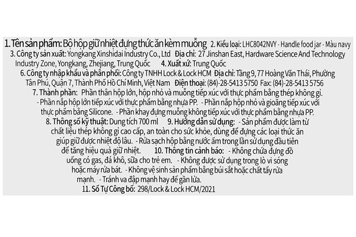 Bình đựng thức ăn giữ nhiệt inox 700 ml Lock&Lock LHC8042NVY Màu Xanh Navy