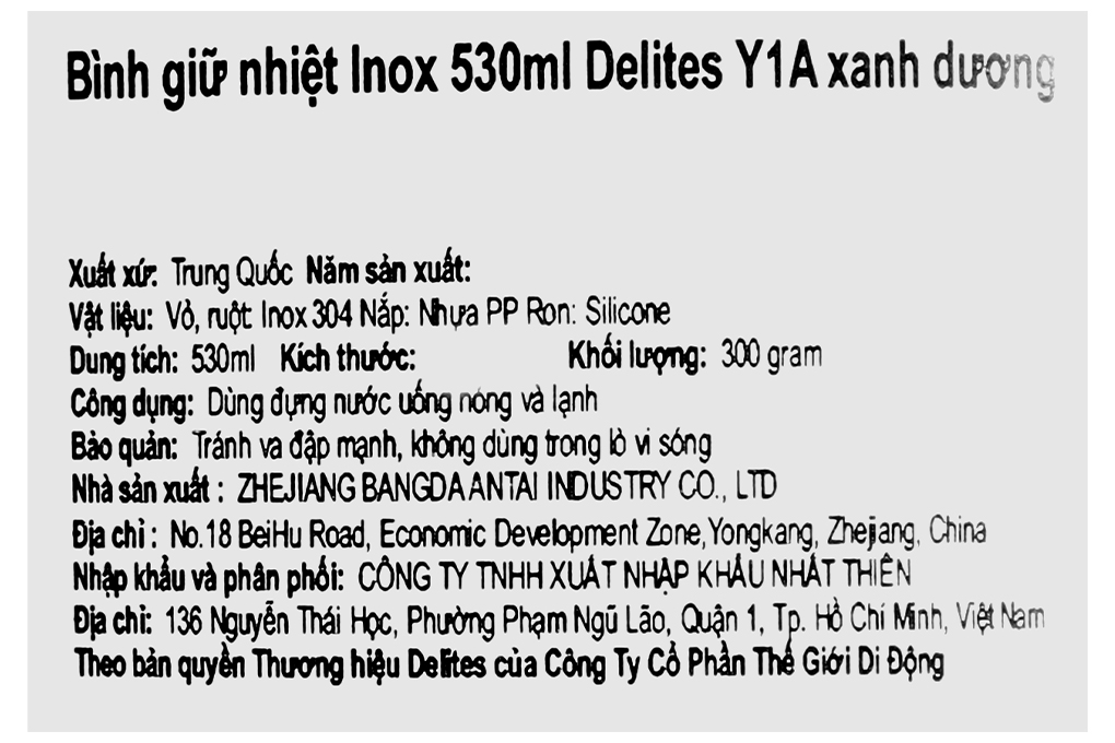 Bình giữ nhiệt inox 530 ml Delites Y1A Màu Xanh Dương