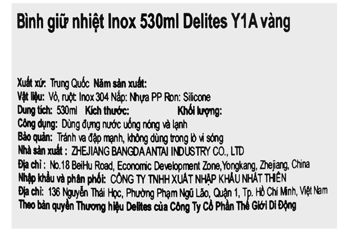 Bình giữ nhiệt inox 530 ml Delites Y1A Màu Vàng