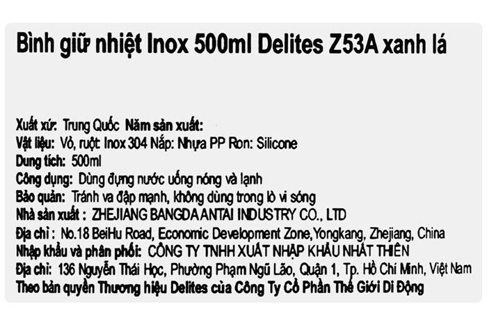 Bình giữ nhiệt inox 500 ml Delites Z53A Màu Xanh lá