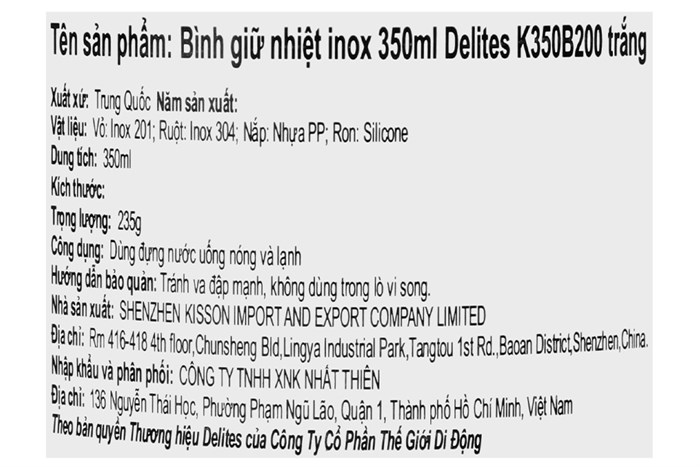 Bình giữ nhiệt inox 350 ml Delites K350B200 Màu Trắng