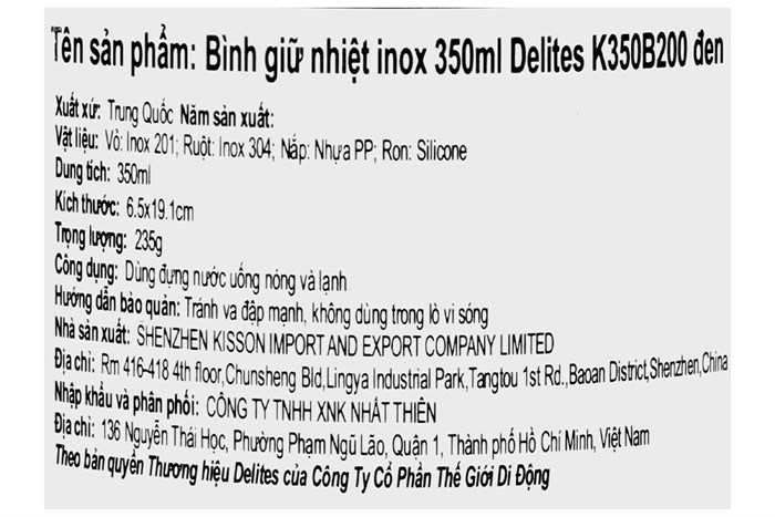 Bình giữ nhiệt inox 350 ml Delites K350B200 Màu Đen