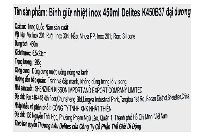 Bình giữ nhiệt inox 450 ml Delites K450B37 Màu Xanh Dương