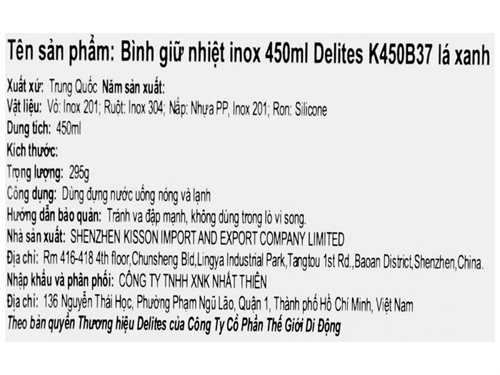 Bình giữ nhiệt inox 450 ml Delites K450B37 Màu Xanh lá