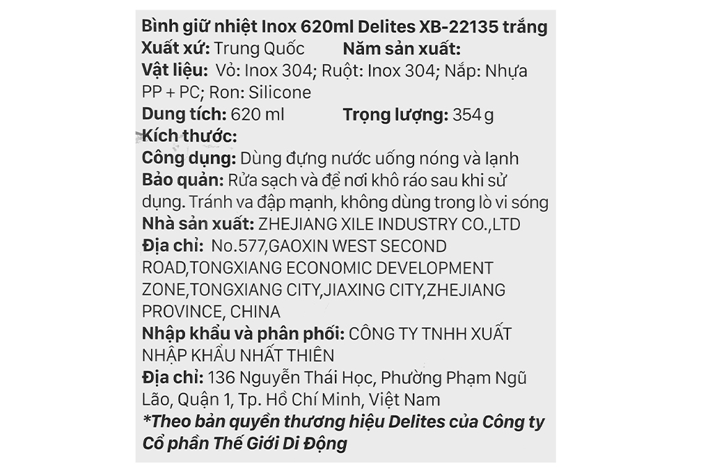 Bình giữ nhiệt inox 620 ml Delites XB-22135 Màu Trắng