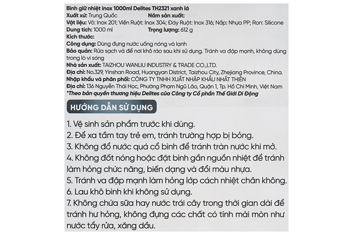 Bình giữ nhiệt inox 1000 ml Delites TH2321 Màu Xanh lá