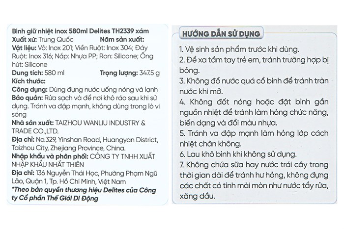 Bình giữ nhiệt inox 580 ml Delites TH2339 Xám Màu Xám