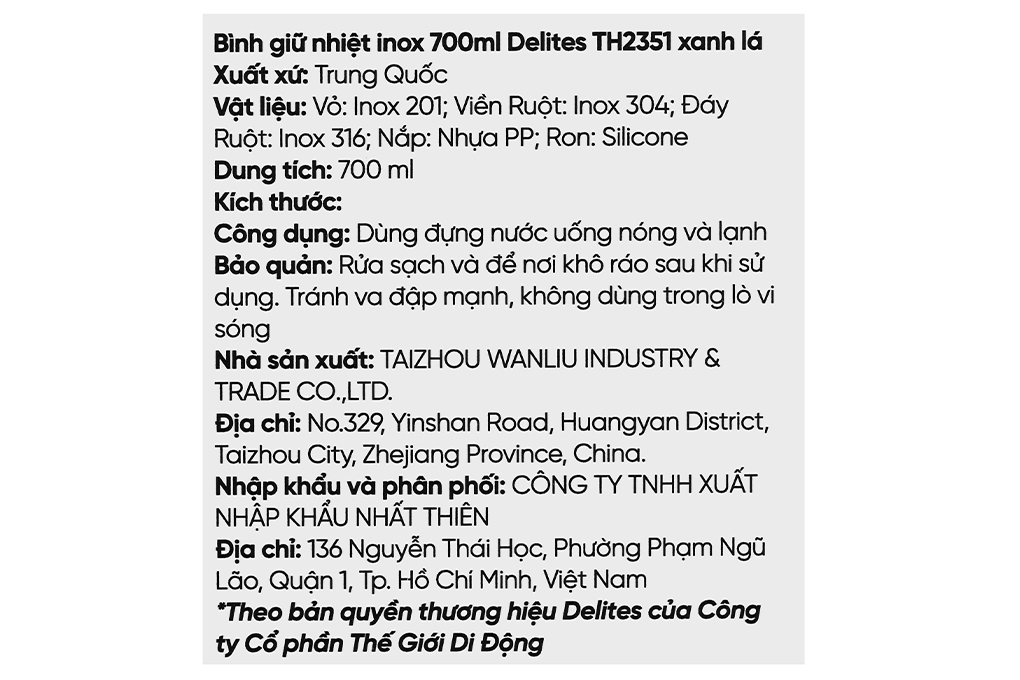 Bình giữ nhiệt inox 700 ml Delites TH2351 Xanh lá - 13
