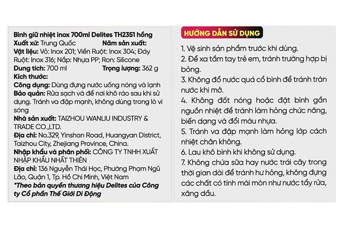 Bình giữ nhiệt inox 700 ml Delites TH2351 Hồng Màu Hồng