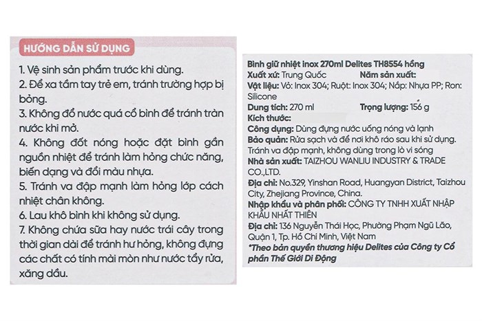Bình giữ nhiệt inox 270 ml Delites TH8554 Màu Hồng