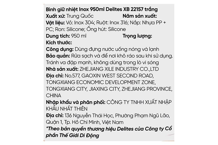 Bình giữ nhiệt inox 950 ml Delites XB-22157 Màu Trắng