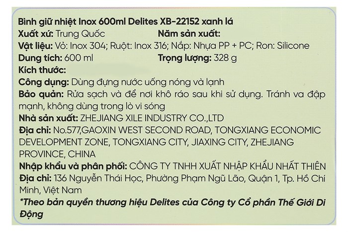 Bình giữ nhiệt inox 600 ml Delites XB-22152 Màu Xanh lá