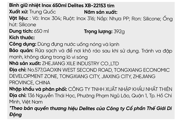 Bình giữ nhiệt inox 650 ml Delites XB-22153 Màu Tím