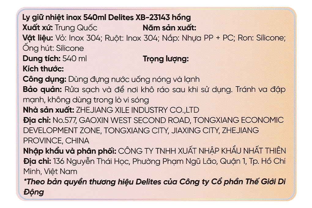 Ly giữ nhiệt inox 540 ml Delites XB-23143 Hồng Màu Hồng