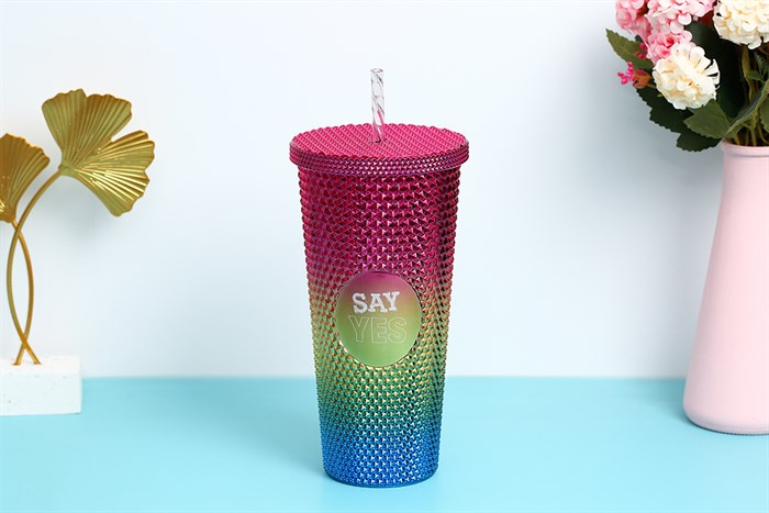 Ly nhựa 2 lớp kèm ống hút 710 ml DMX TH90061 Màu Màu Hồng Đa Sắc