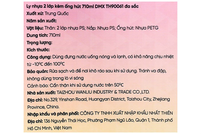 Ly nhựa 2 lớp kèm ống hút 710 ml DMX TH90061 Màu Màu Hồng Đa Sắc