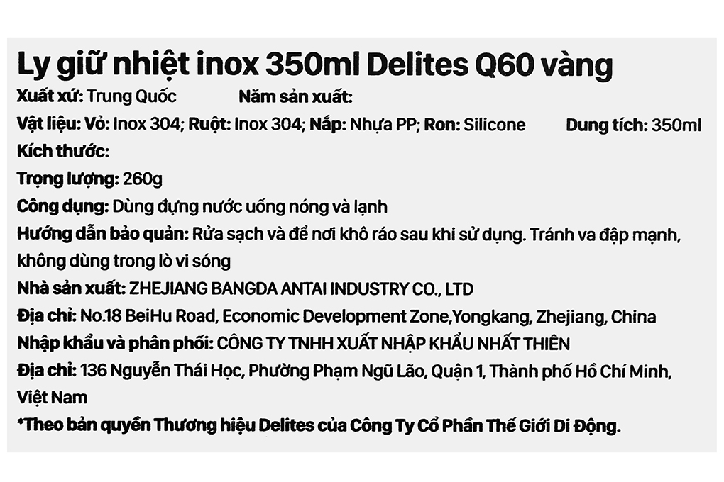 Ly giữ nhiệt inox 350 ml Delites Q60 Màu Vàng