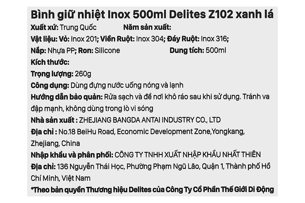 Bình giữ nhiệt Inox 500 ml Delites Z102 xanh lá Màu Xanh lá