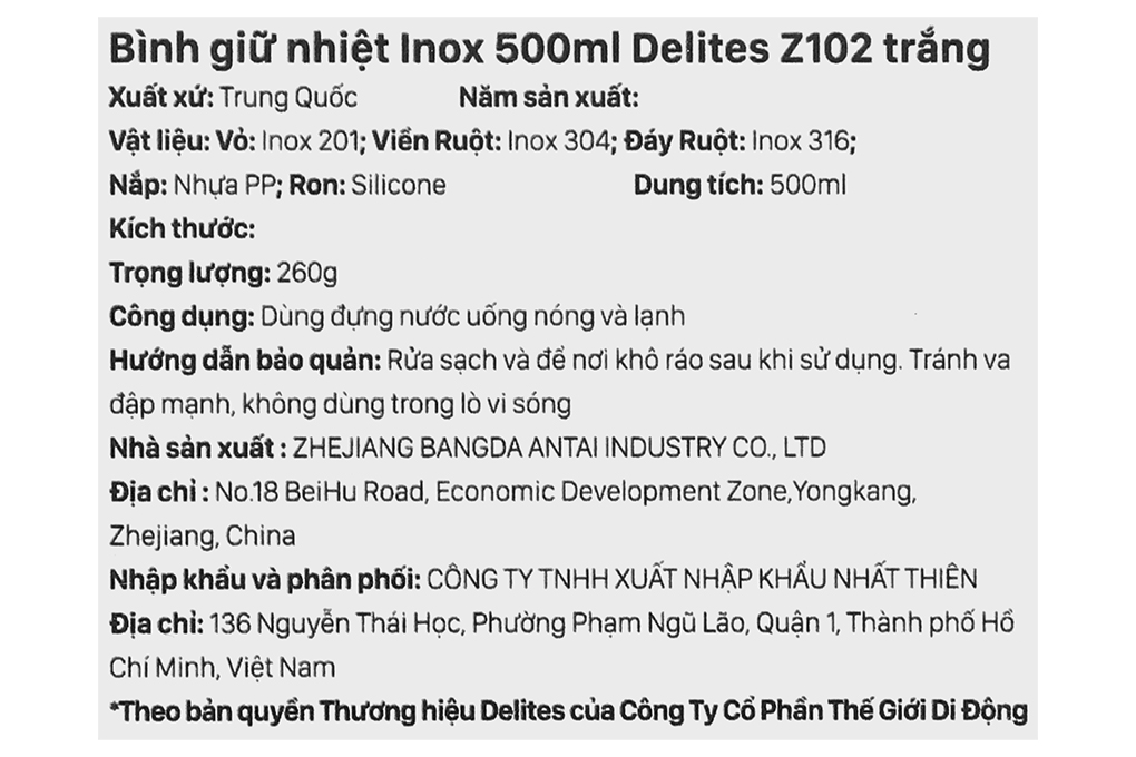 Bình giữ nhiệt Inox 500 ml Delites Z102 trắng Màu Trắng