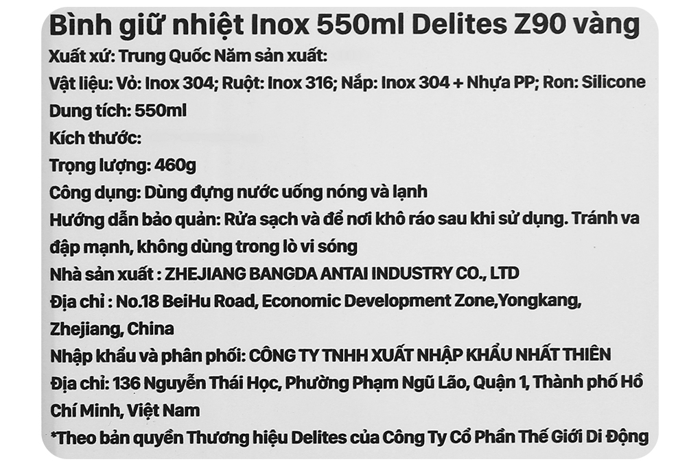 Bình giữ nhiệt Inox 550 ml Delites Z90 - 13
