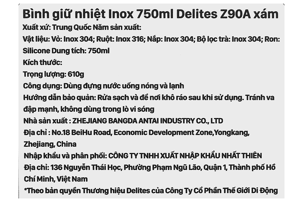 Bình giữ nhiệt Inox 750 ml Delites Z90A Màu Xám