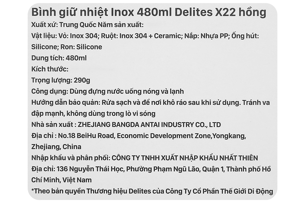 Bình giữ nhiệt Inox 480 ml Delites X22 Màu Hồng