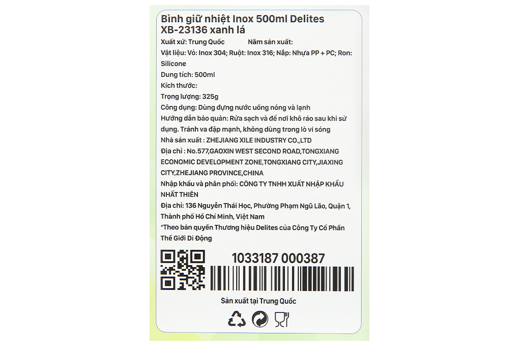 Bình giữ nhiệt Inox 500 ml Delites XB-23136 xanh lá Màu Xanh lá