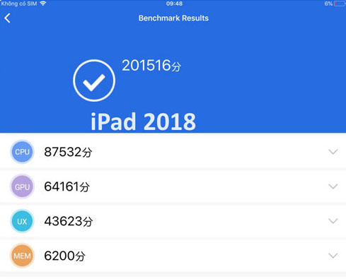 Điểm hiệu năng Antutu Benchmark trên máy tính bảng iPad Wifi 32GB (2018)