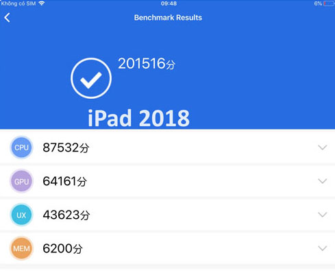 Điểm hiệu năng Antutu Benchmark của máy tính bảng iPad Wifi 128 GB (2018) Điểm hiệu năng Antutu Benchmark của máy tính bảng iPad Wifi 128 GB (2018)